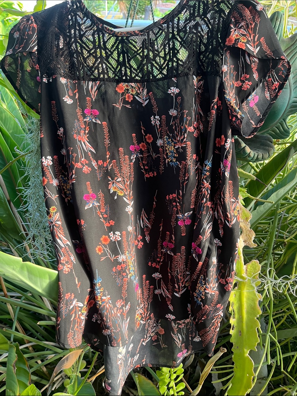 Black Floral Lace Yoke Blouse